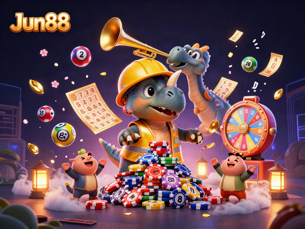 Jun88 features an exciting 3D illustration celebrating casino games with vibrant characters and elements.
