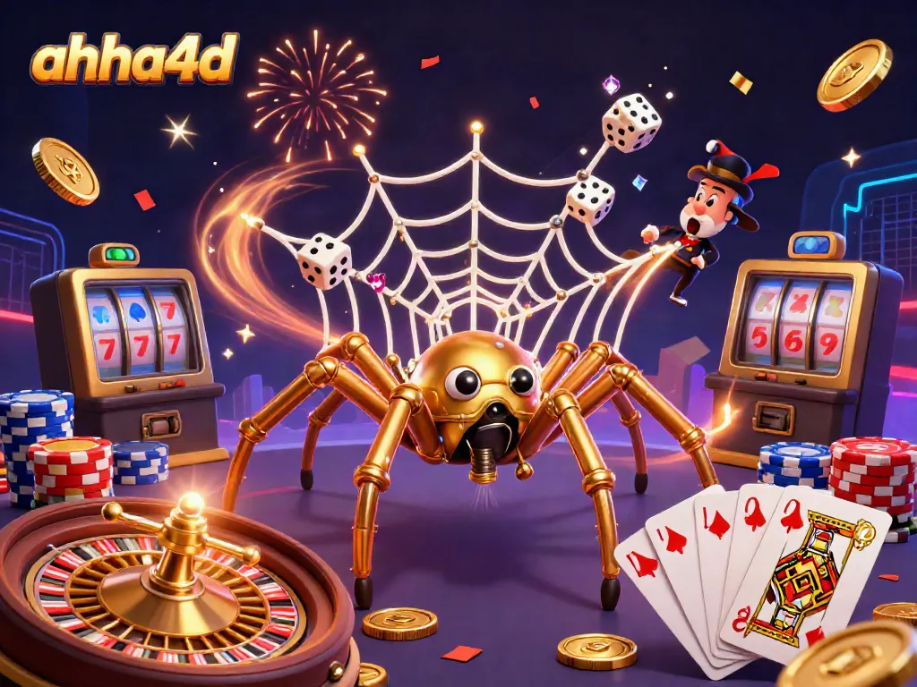 Engage with ahha4d, featuring a steampunk spider and Victorian fly in a vibrant casino scene.