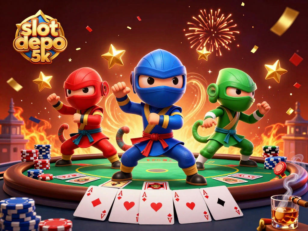 Engage in exhilarating fun with slot depo 5k while surrounded by vibrant casino action, featuring poker elements and confetti.