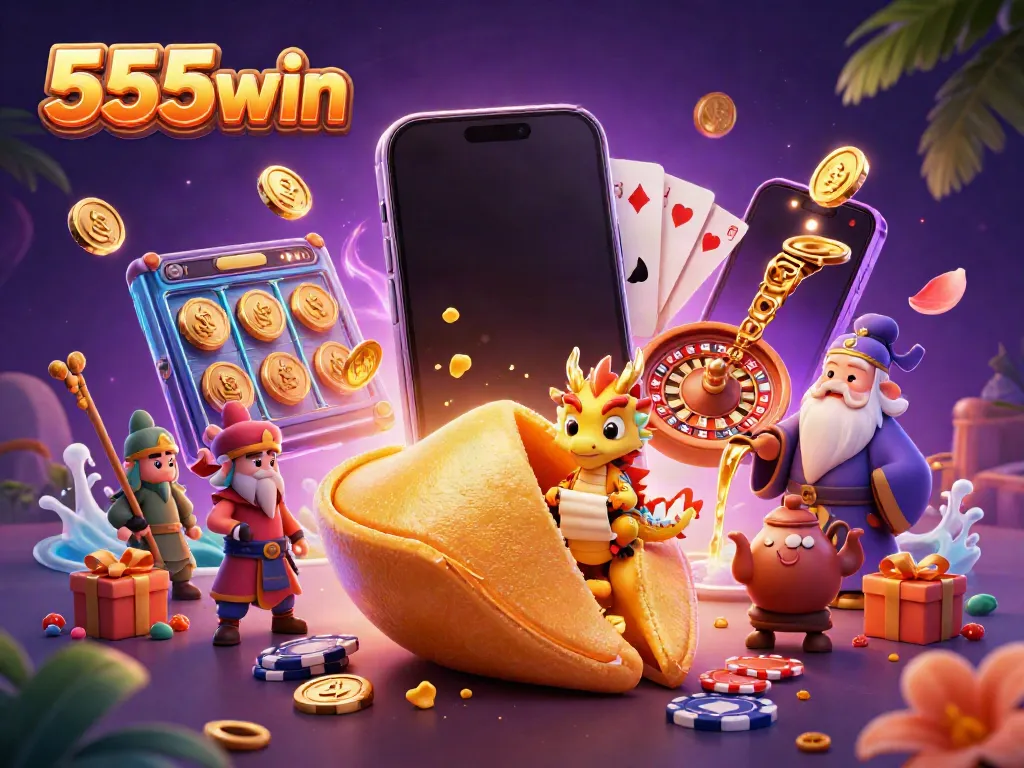 Engage in thrilling gameplay with 555win's vibrant casino scene featuring a golden fortune cookie and lively characters.