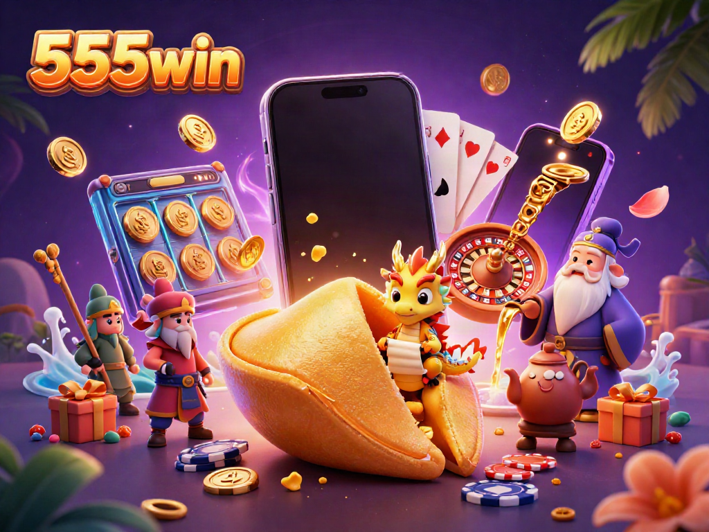 Engage in thrilling gameplay with 555win's vibrant casino scene featuring a golden fortune cookie and lively characters.