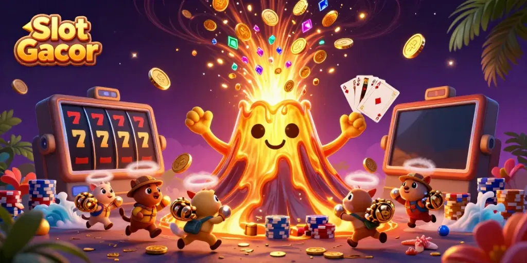 Experience generous wins and fun on Slot Gacor with vibrant treasures erupting from a golden volcano.