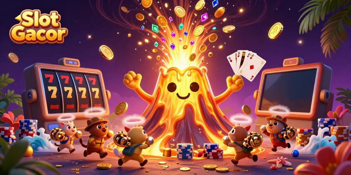 Experience generous wins and fun on Slot Gacor with vibrant treasures erupting from a golden volcano.