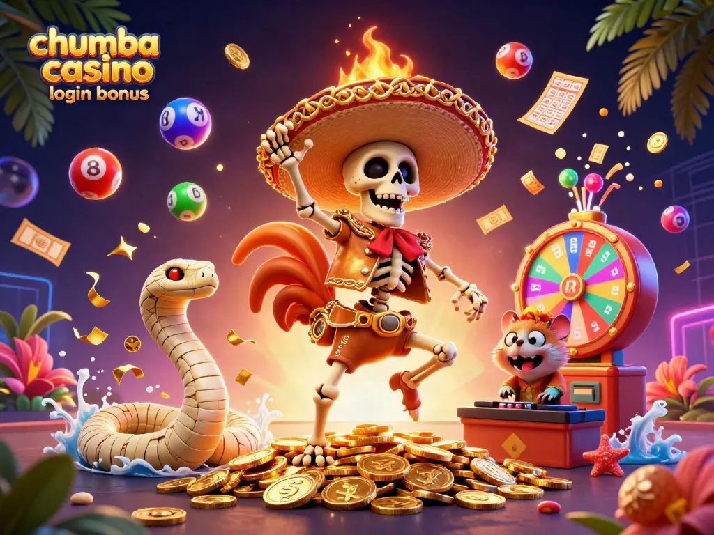 Engage with the Chumba Casino login bonus through vibrant gaming elements featuring gold coins and rewards.