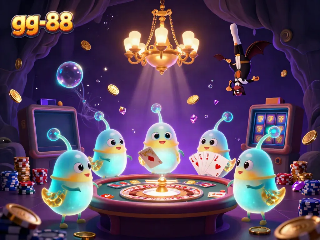 Experience the magic of gg-88 in a vibrant 3D illustration with glowing characters and dynamic casino elements.