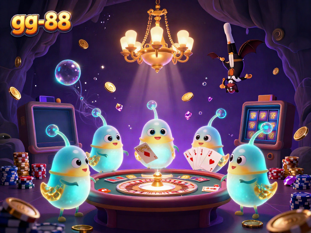 Experience the magic of gg-88 in a vibrant 3D illustration with glowing characters and dynamic casino elements.