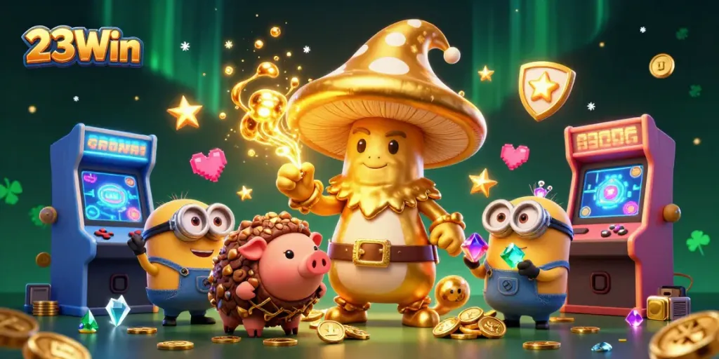 Experience the magic of 23Win with golden treasures and arcade games in this vibrant illustration.