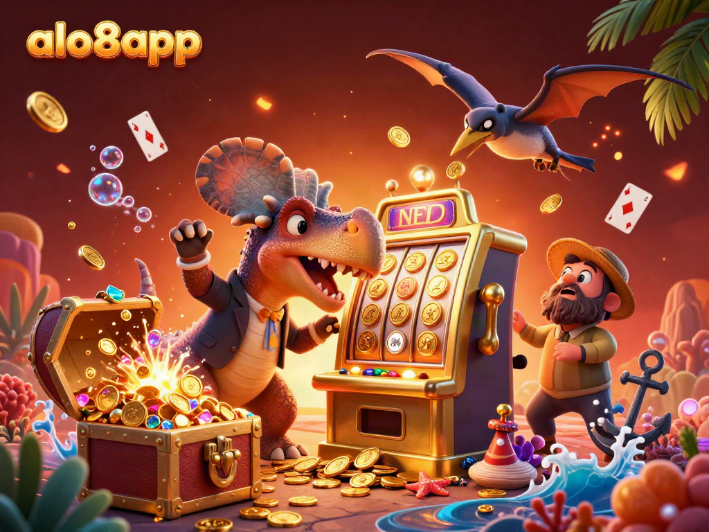 Experience exciting wins at alo8app featuring a dinosaur jackpot scene with dynamic casino elements.