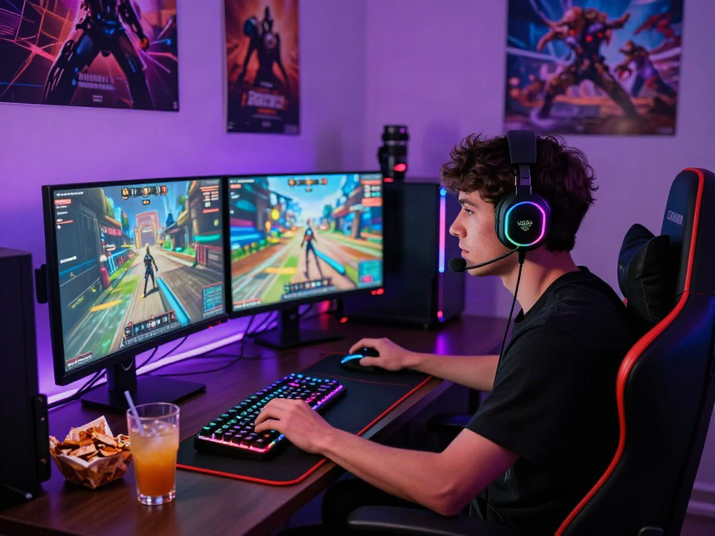 Engaged gamer playing a porn game in a vibrant gaming setup.