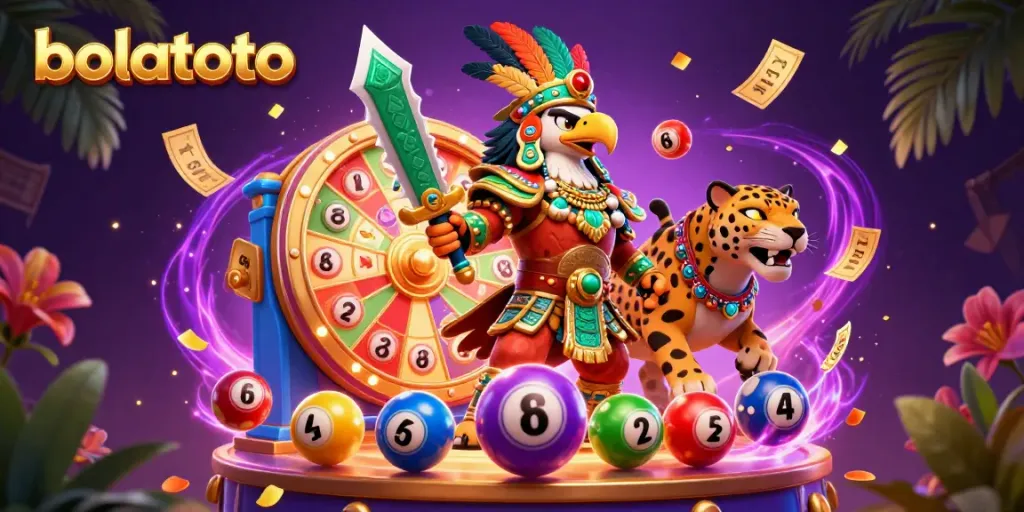 Engage with bolatoto's thrilling slot adventure featuring colorful lottery balls and Aztec warriors in a vibrant scene.