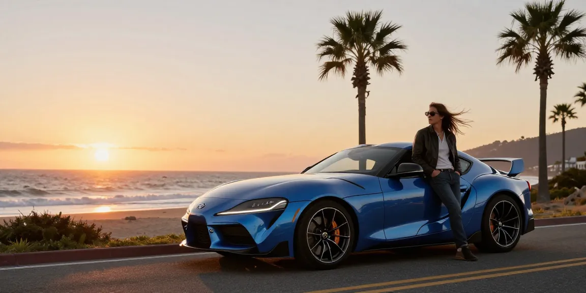 A80 platform Toyota Supra parked by the coast at sunset, showcasing automotive lifestyle and adventure.