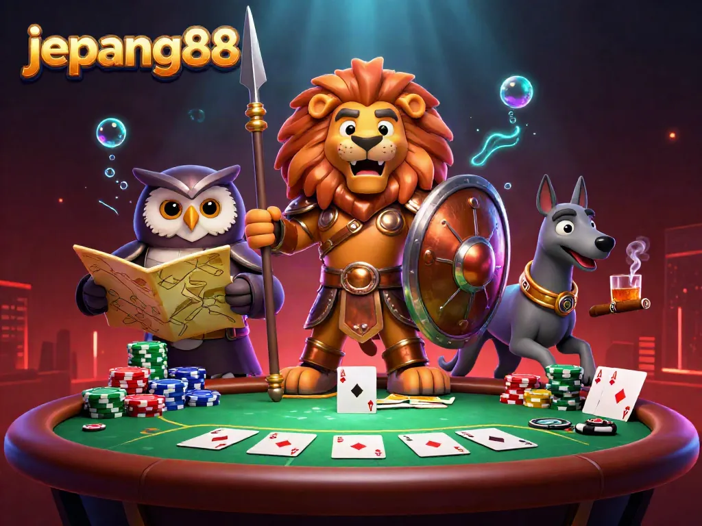 Experience the excitement of jepang88 with a dynamic 3D illustration showcasing thrilling poker action amid vibrant casino elements.