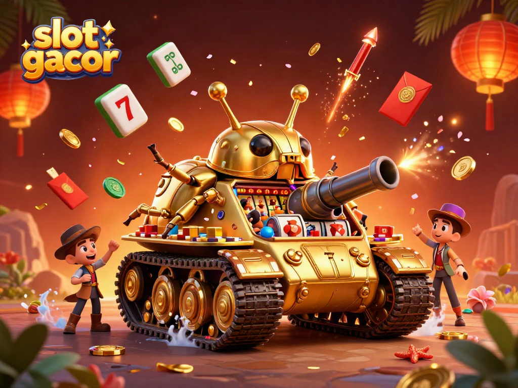 Permainan slot gacor dengan tank sebesar kumbang emas yang membuka mini kasino dan koin emas berhamburan.
