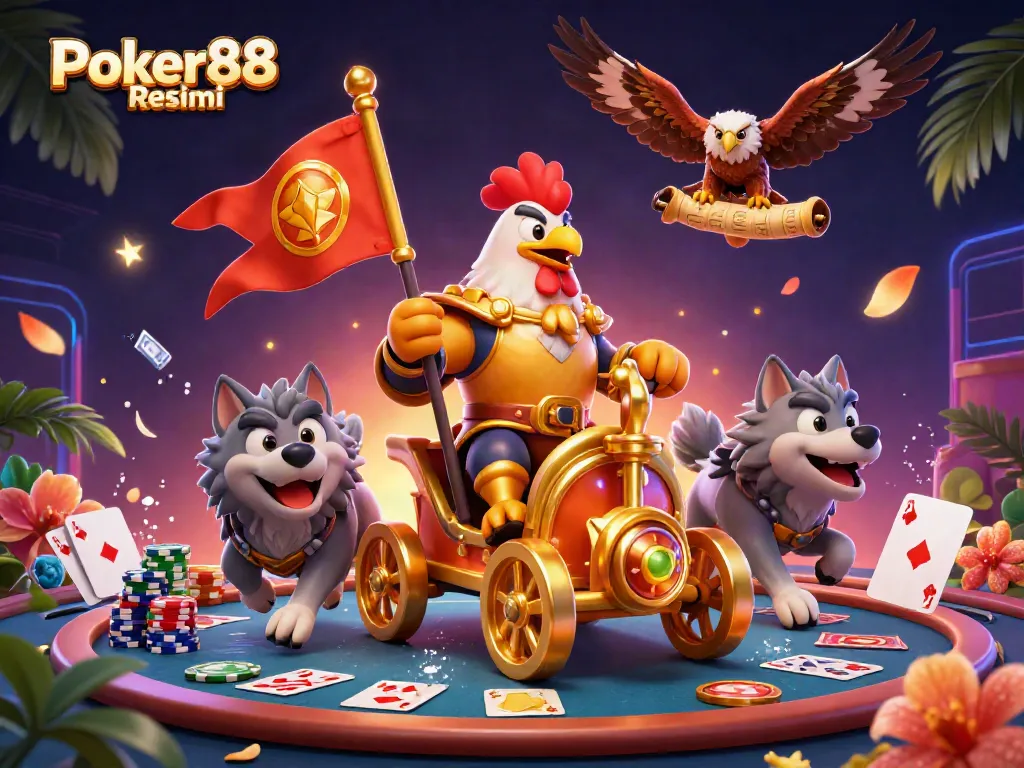 Join the excitement at Poker88 Resmi with a vibrant 3D casino scene featuring iconic poker elements and dynamic action.