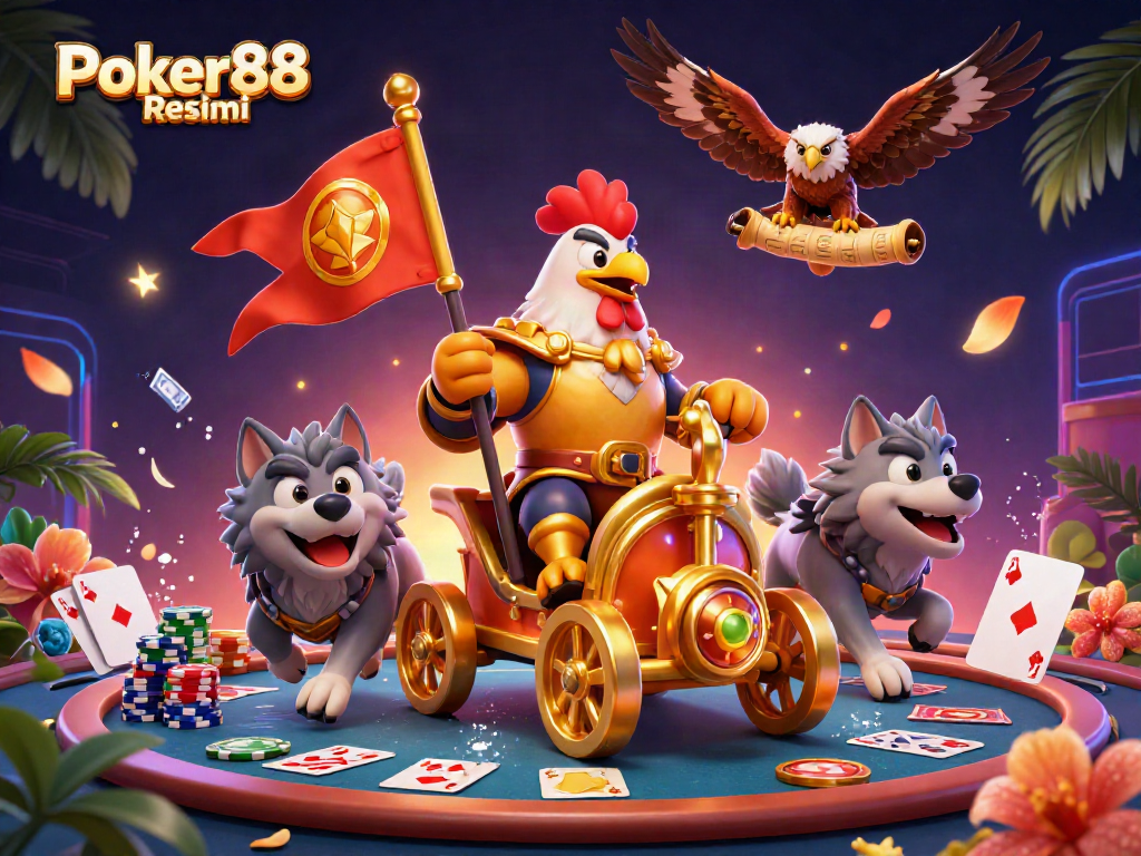 Join the excitement at Poker88 Resmi with a vibrant 3D casino scene featuring iconic poker elements and dynamic action.