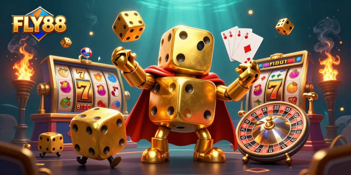 FLY88 showcases a vibrant 3D illustration of a golden dice golem juggling, symbolizing casino excitement.