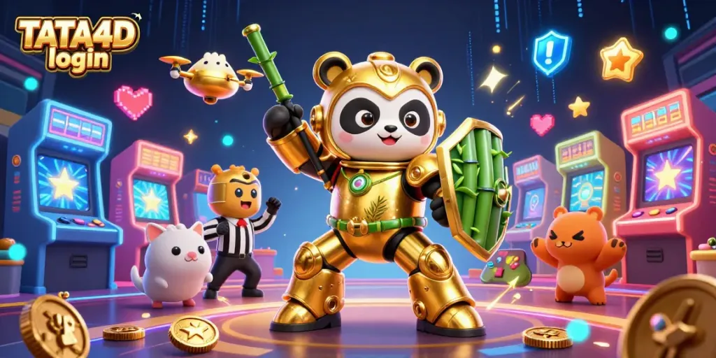 TATA4D login visualizes vibrant casino excitement with a golden panda mech-suit and arcade style