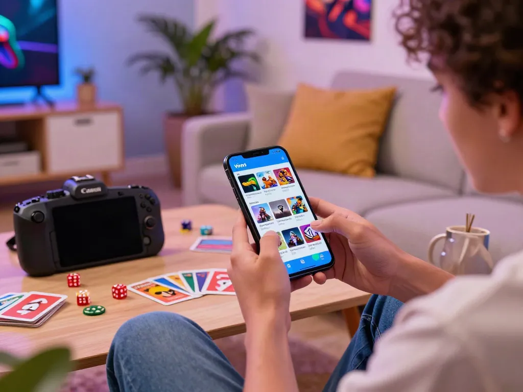 Engaged player exploring Yono Arcade app in a cozy living room.