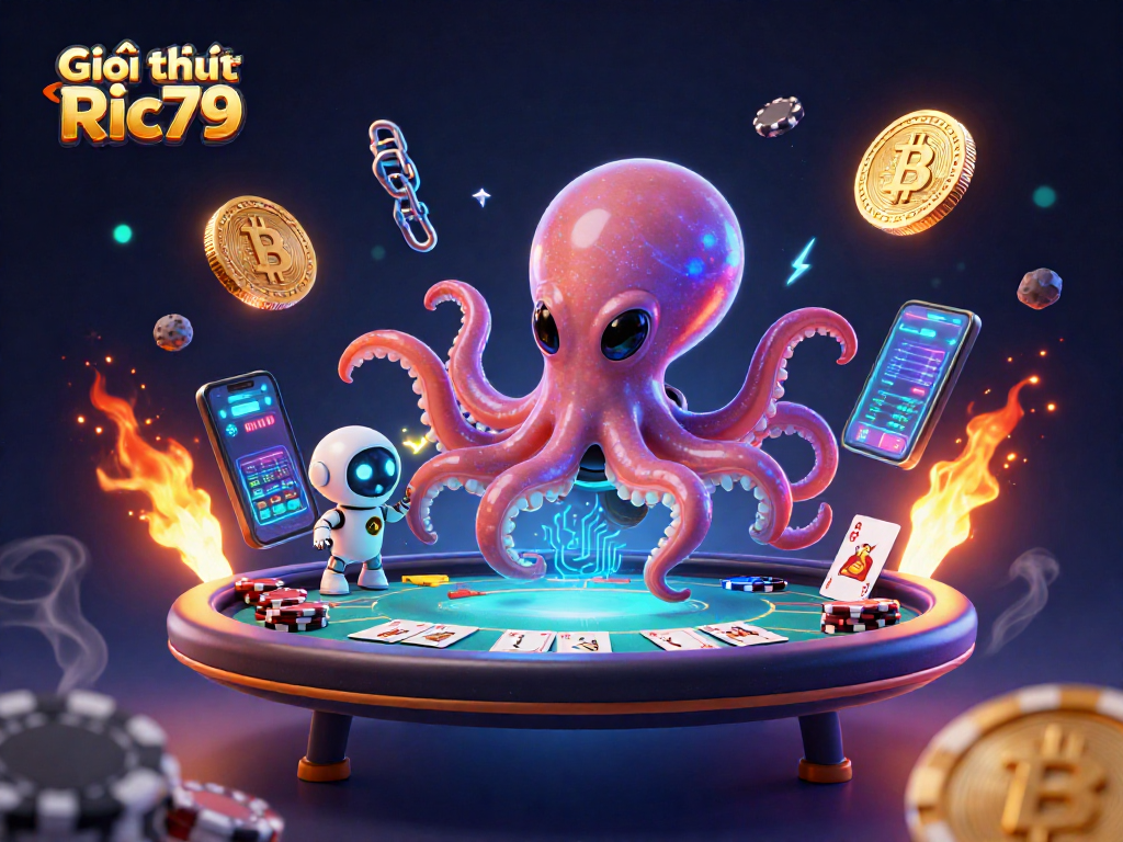 Engage with Giới thiệu Ric79 at a vibrant poker table surrounded by crypto coins and holographic displays.