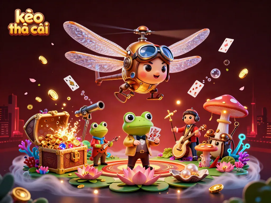 Engage with the thrill of kèo nhà cái, a dynamic casino scene with a dragonfly pilot and a frog croupier.