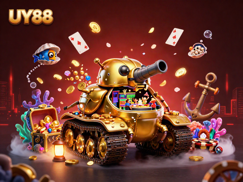 Experience thrilling games at UY88 with a vibrant casino scene inside a golden beetle tank.