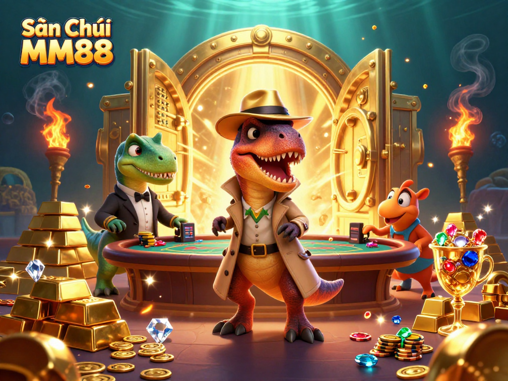 Sân Chơi MM88 offers a thrilling gambling experience showcased by a cartoon velociraptor card counter and stegosaurus pit boss.