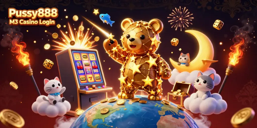 Pussy888 M3 Casino Login illustrates a dynamic scene of casino excitement with golden stars and jackpot elements.