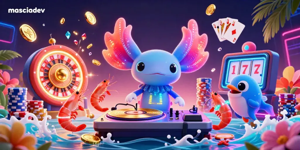 Experience vibrant gaming energy with masciadev's dynamic casino scene featuring lively characters and rich decor.