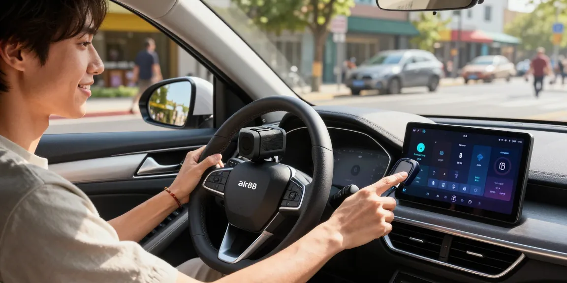 Pengguna menghubungkan adapter Bluetooth air88 di mobil, menampilkan kebahagiaan saat beralih ke audio tanpa kabel.