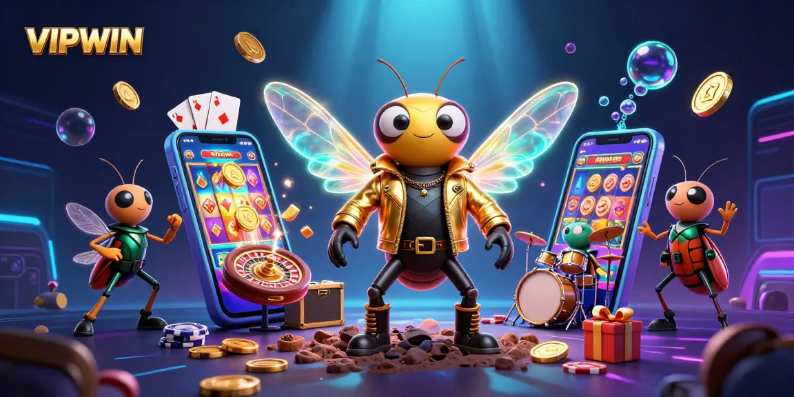 Experience exciting gameplay with VIPWIN, featuring a vibrant 3D casino scene with colorful slot machines.