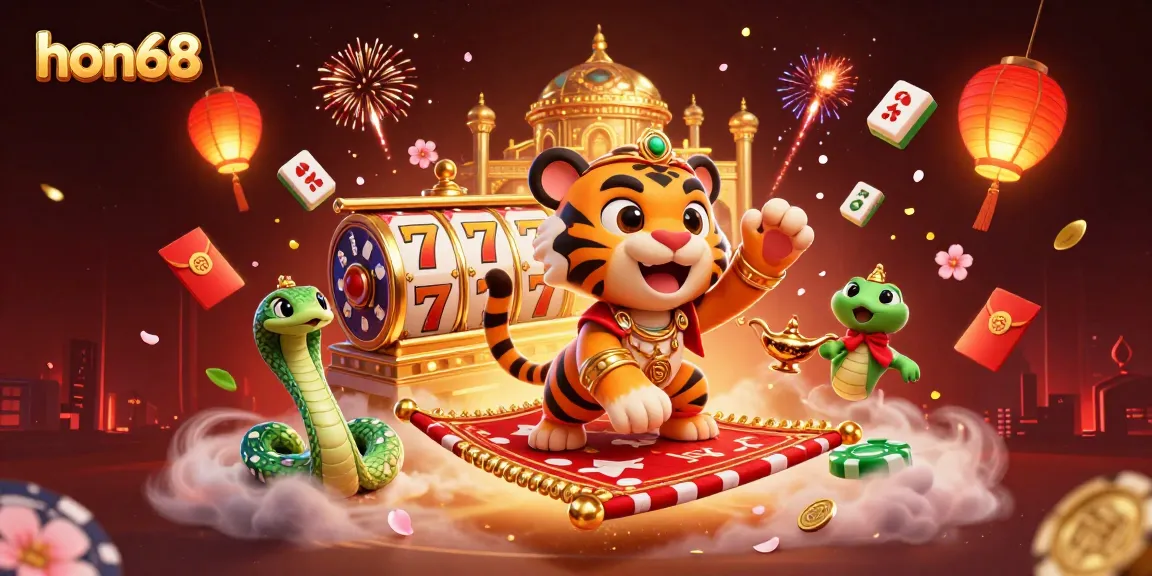 Experience the excitement of hon68 with a vibrant illustration of a magical casino adventure featuring slot machines and festive elements.