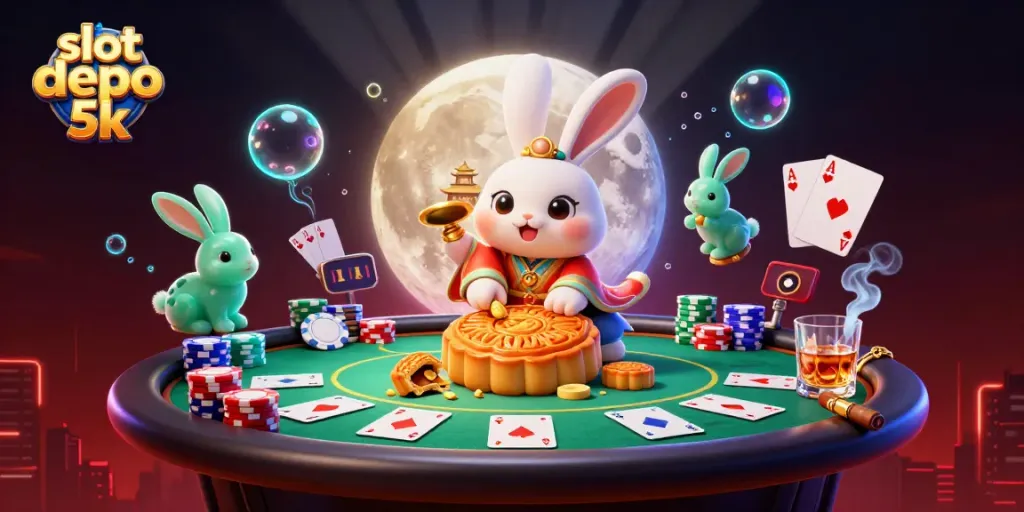 Experience thrilling gameplay at slot depo 5k with cartoon moon rabbit and poker chips in a vibrant casino setting.