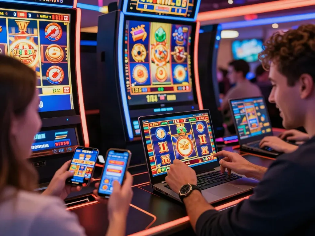 Exciting slot online gaming scene with players winning on devices, vibrant visuals, and a lively atmosphere.