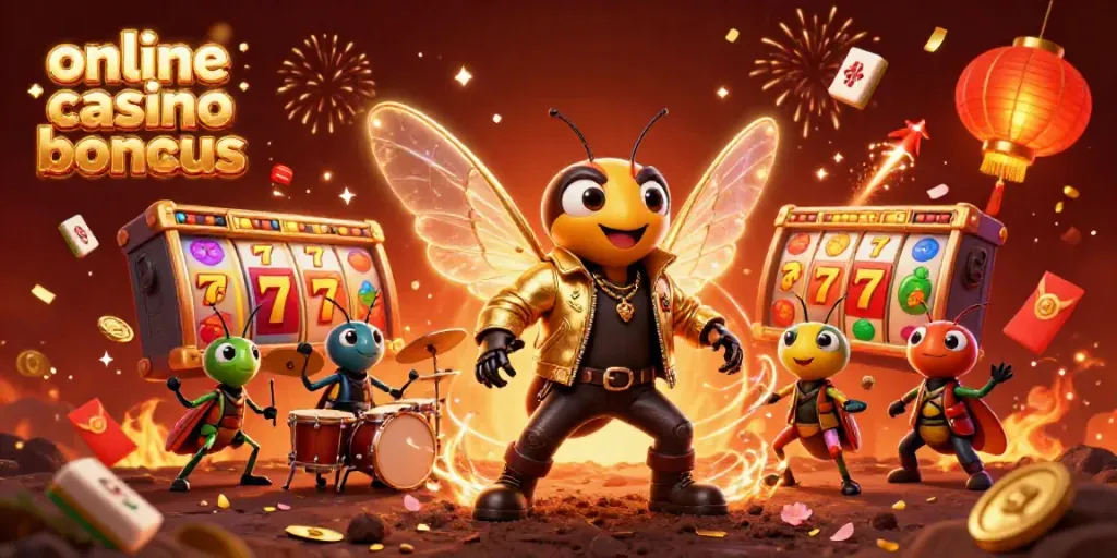 Experience exciting online casino bonuses with an enchanting cartoon scene of a cicada star, drummer beetle, and festive game elements.
