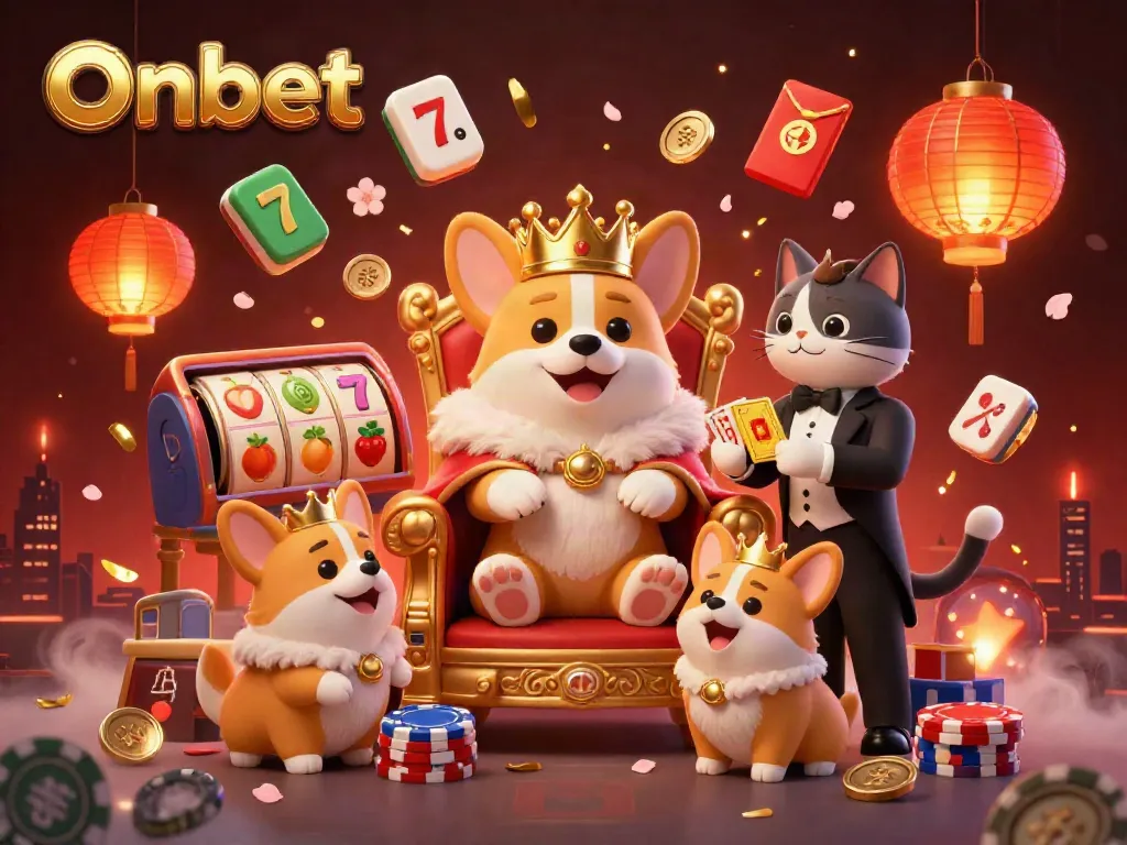 Experience exciting games with Onbet's vibrant 3D cartoon scene including corgis and lucky symbols.