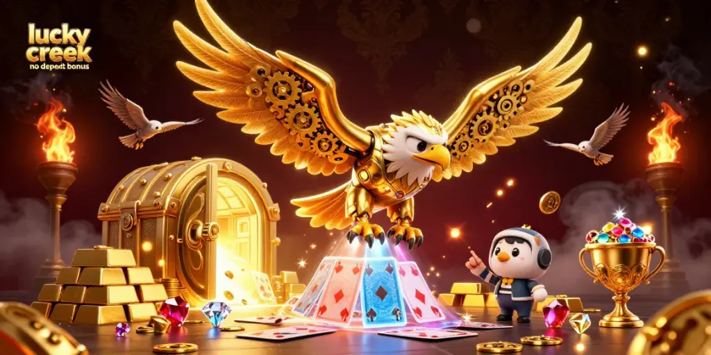 Experience the lucky creek no deposit bonus through vibrant 3D illustration of a cybernetic eagle and treasures.