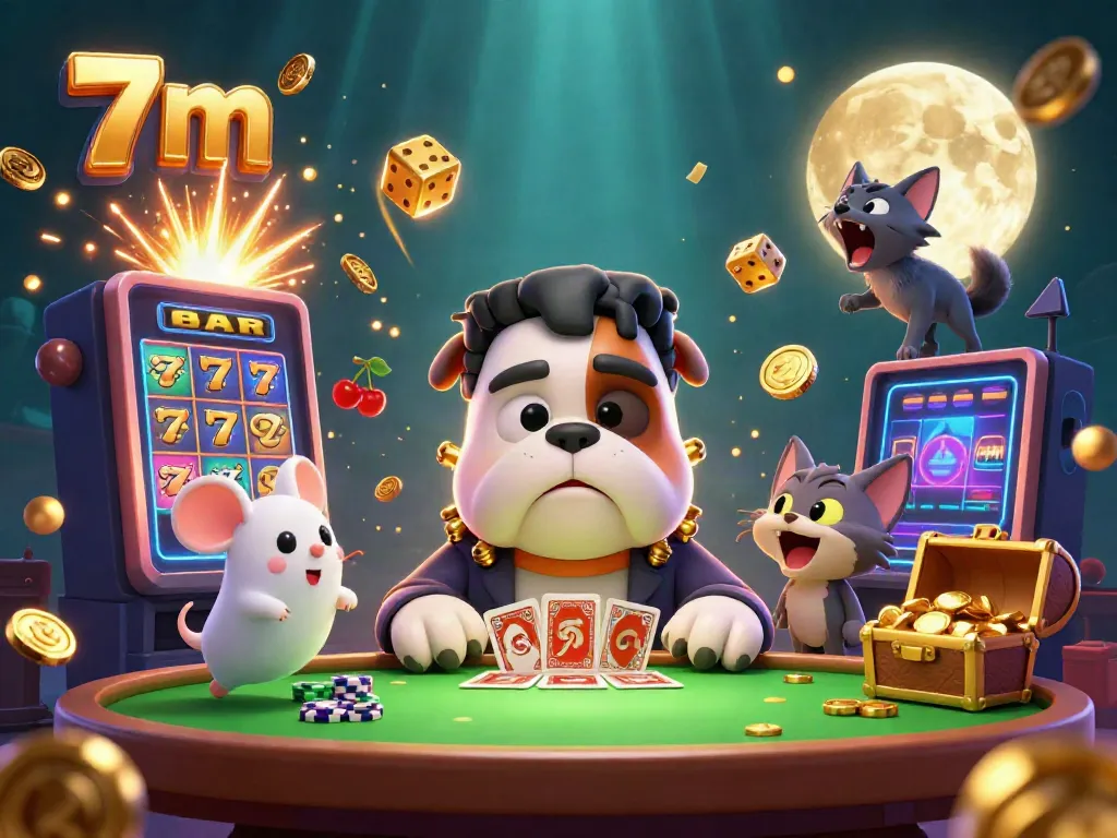 Experience thrilling 7m gaming action with colorful characters and casino elements in a vibrant scene.