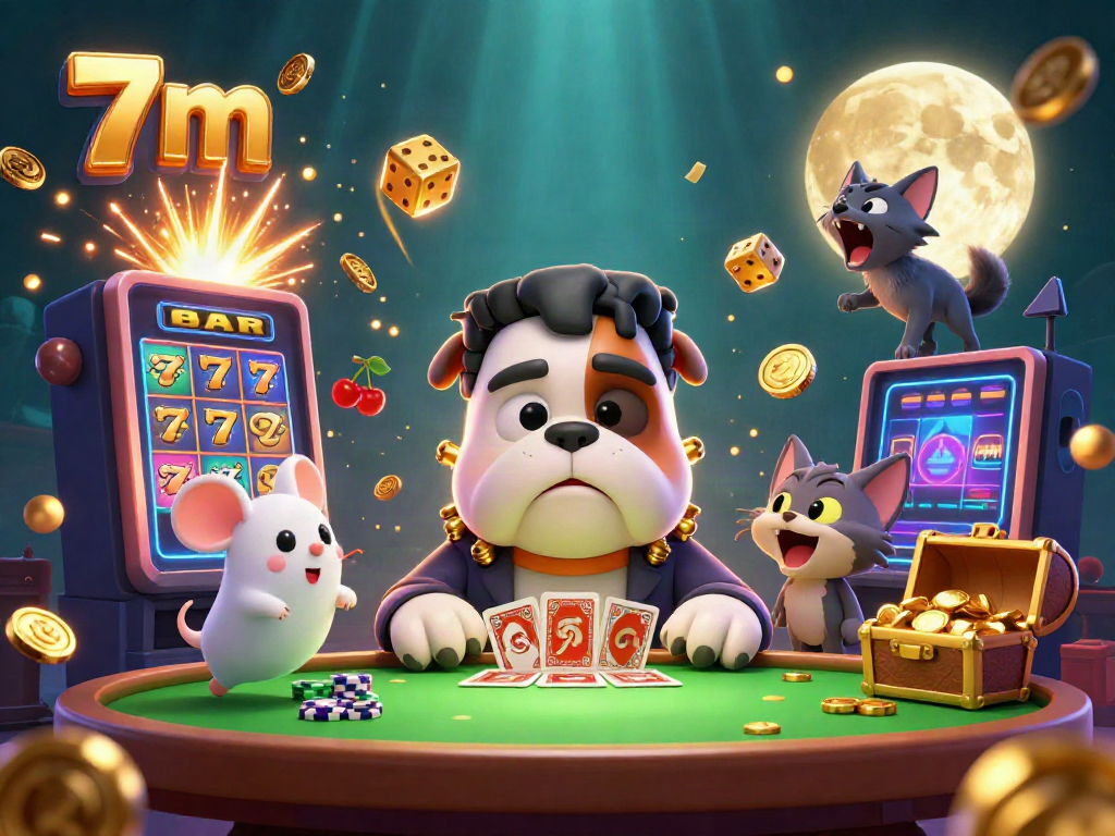 Experience thrilling 7m gaming action with colorful characters and casino elements in a vibrant scene.