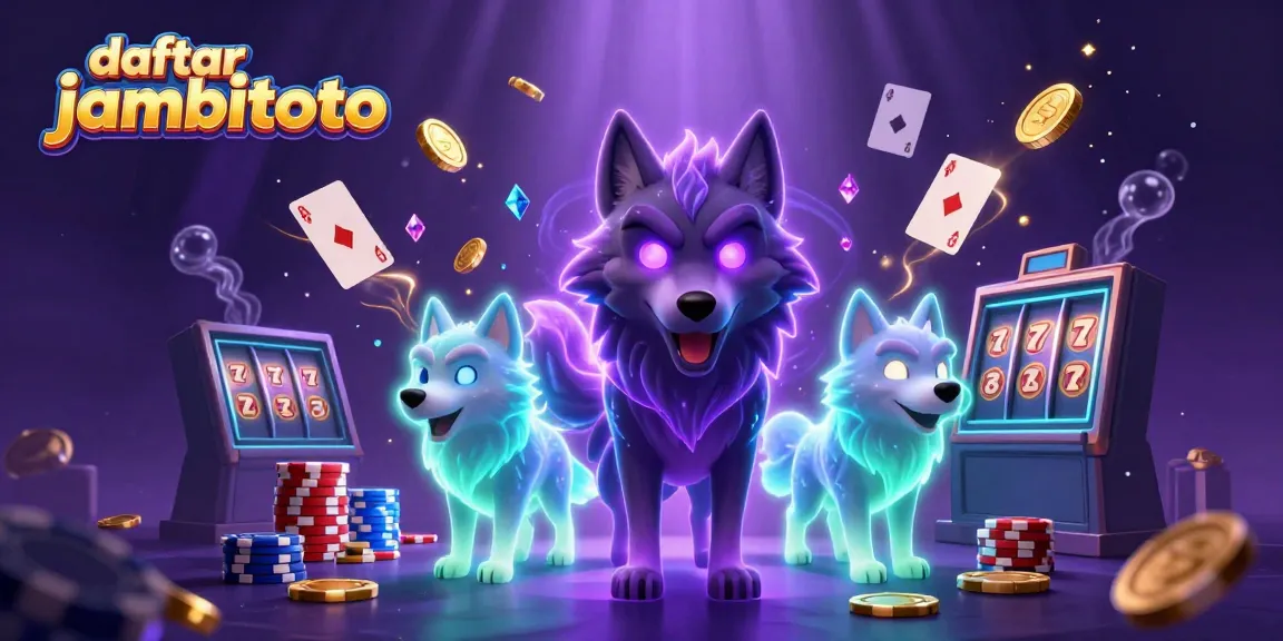 Experience excitement at daftar jambitoto, showcasing mystical wolves and jackpot symbols in a vibrant casino-themed scene.