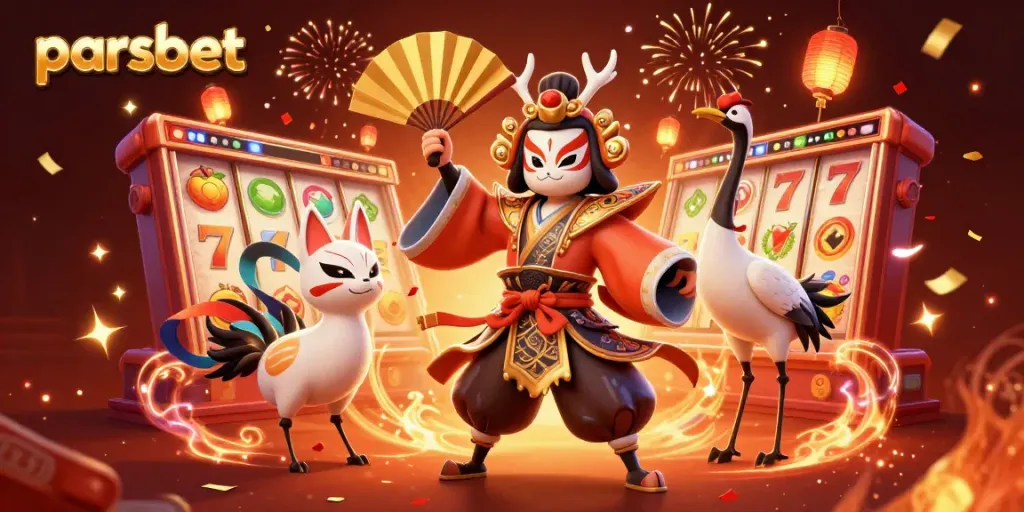 Engage with the charming 3D representation of parsbet, featuring dynamic slot reels and vibrant casino imagery.