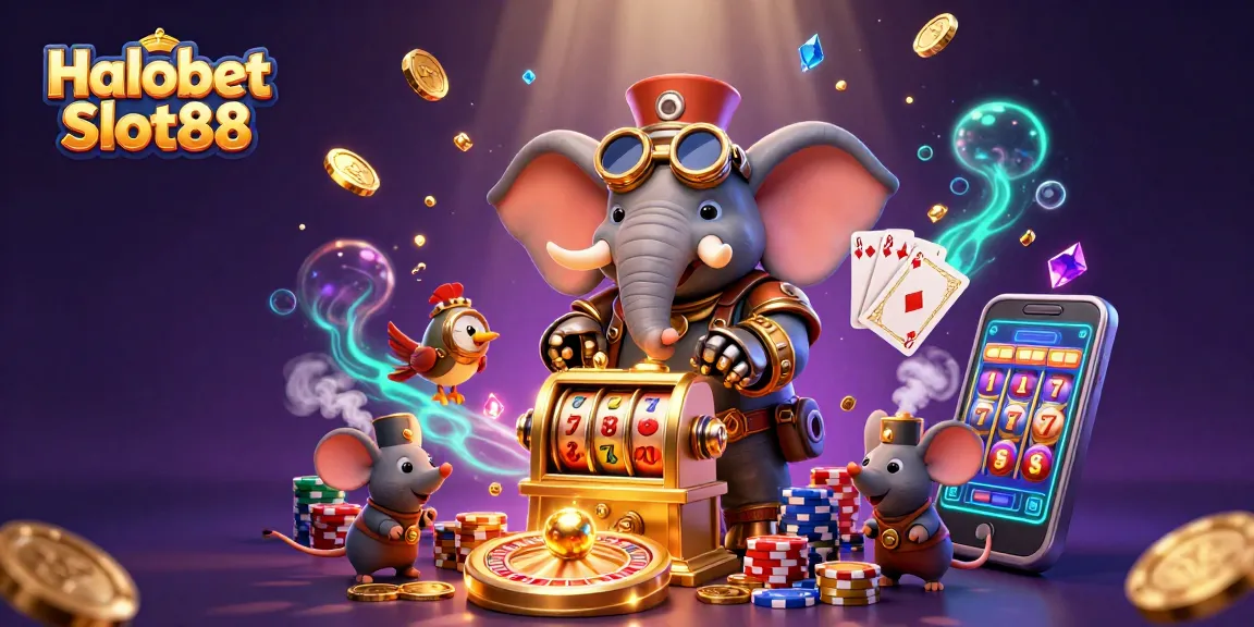 Experience thrilling wins at Halobet Slot88 with steampunk characters and vibrant casino elements.