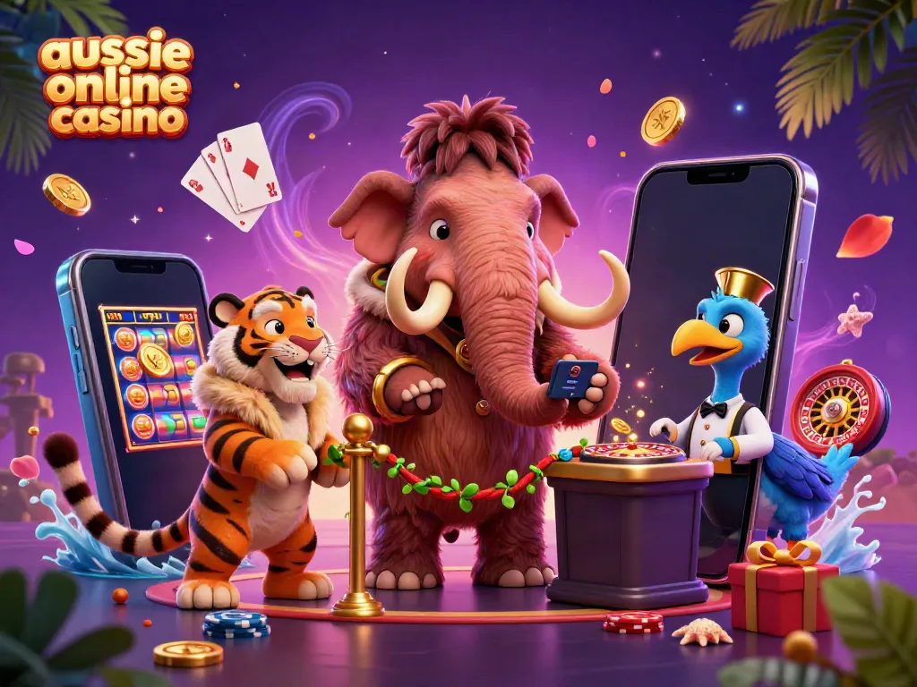 Aussie online casino scene with fun characters including a woolly mammoth bouncer and a saber-tooth tiger.