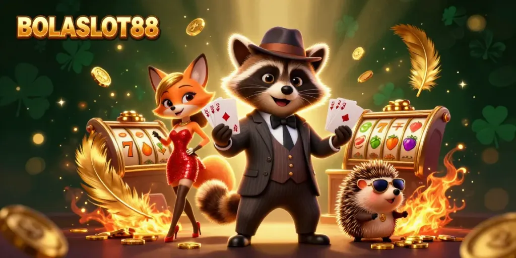 BOLASLOT88 showcases a raccoon, fox, and hedgehog reveling in a vibrant casino setting.