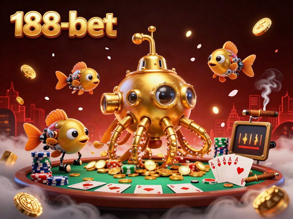 Engage with thrilling action at 188-bet, featuring a lively casino scene with poker elements and unique characters.
