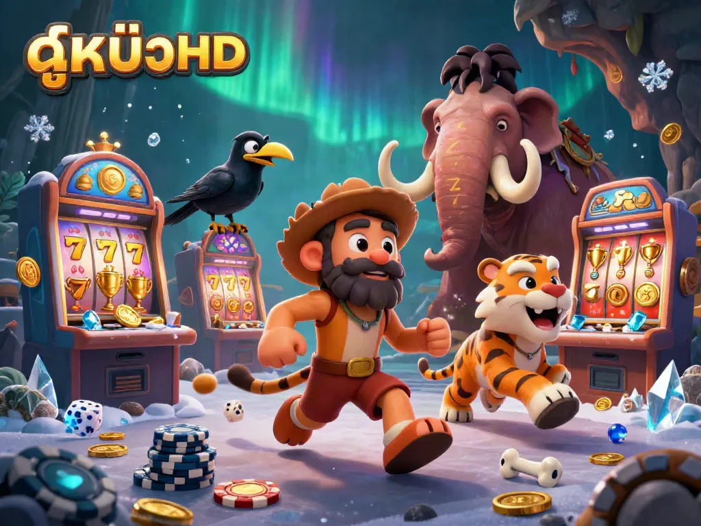 Experience thrilling moments with ดูหนังHD in a vibrant prehistoric casino featuring a caveman and sabertooth tiger.