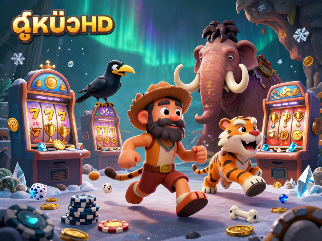 Experience thrilling moments with ดูหนังHD in a vibrant prehistoric casino featuring a caveman and sabertooth tiger.
