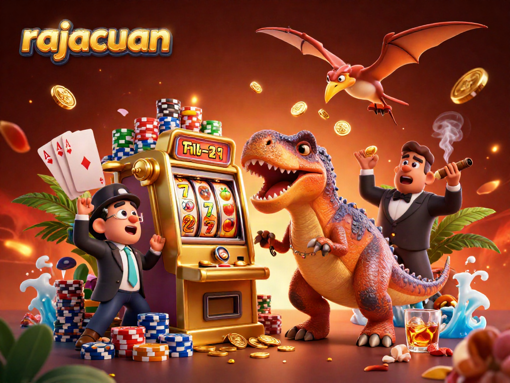 Rajacuan showcases a pachycephalosaurus and friends celebrating a jackpot win in a vibrant casino scene.