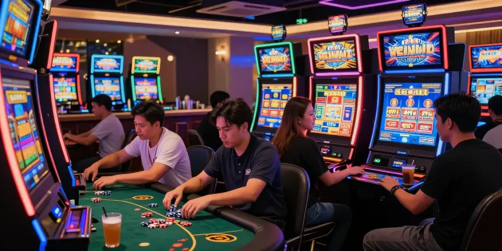 Exciting gaming lounge with slot machines highlighting slot server thailand experience