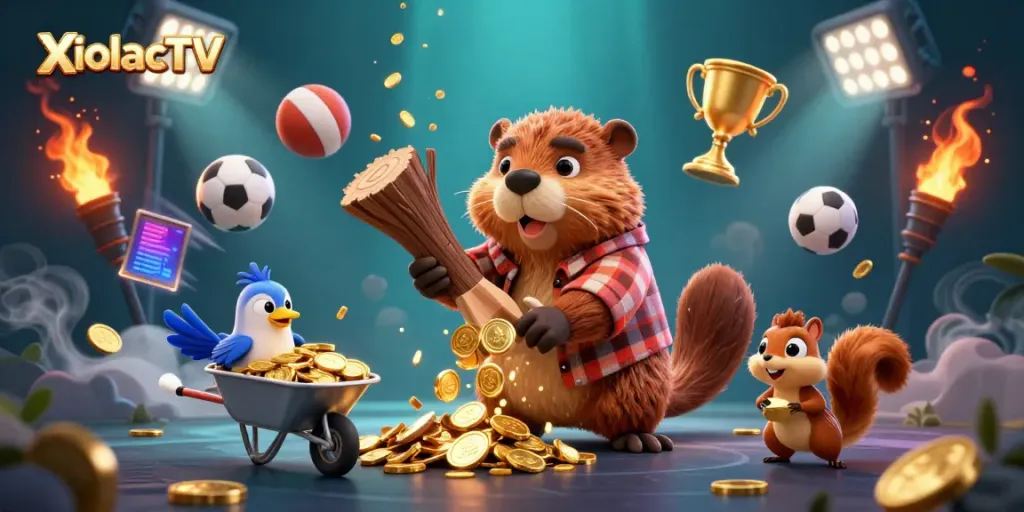XoilacTV presents a dynamic 3D scene where a lumberjack beaver rains golden coins while sports elements enhance the excitement.