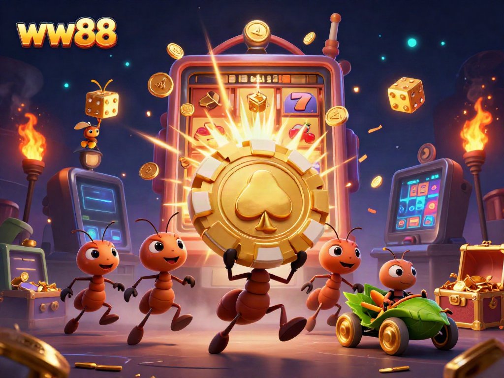 Experience the thrilling world of ww88 with animated ants carrying giant poker chips amidst a vibrant casino scene.